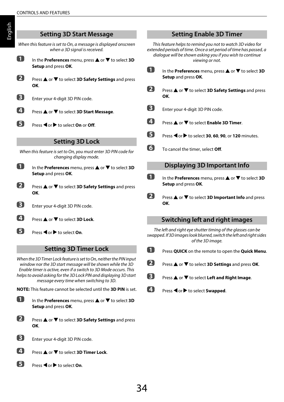 Setting 3d start message, Setting 3d lock, Setting 3d timer lock | Setting enable 3d timer, Displaying 3d important info, Switching left and right images | Toshiba UL985 User Manual | Page 34 / 102