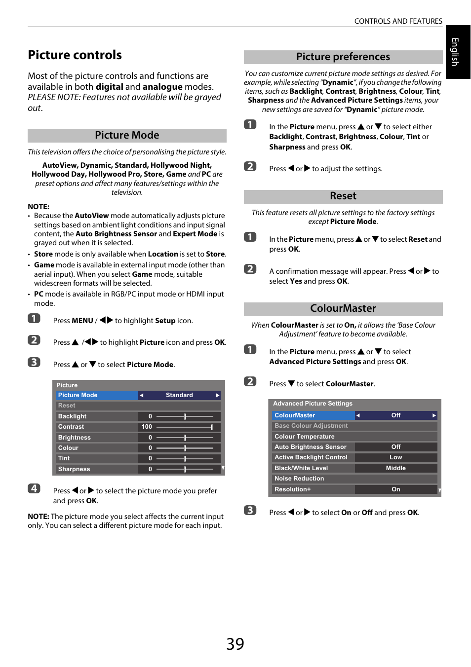 Picture controls, Picture mode, Picture preferences | Reset, Colourmaster, Picture preferences reset colourmaster | Toshiba UL985 User Manual | Page 39 / 102