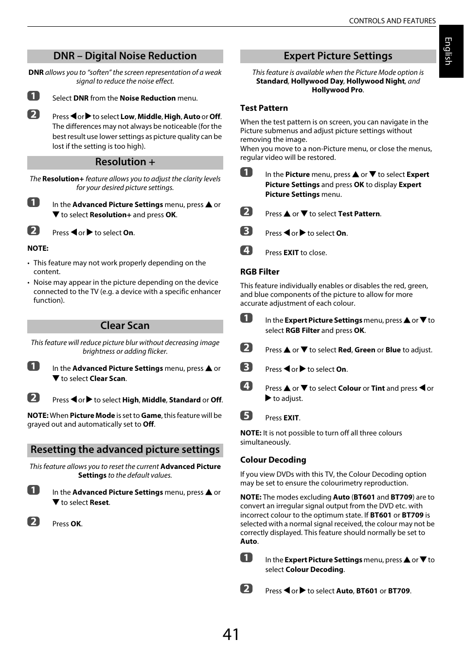 Dnr – digital noise reduction, Resolution, Clear scan | Resetting the advanced picture settings, Expert picture settings | Toshiba UL985 User Manual | Page 41 / 102