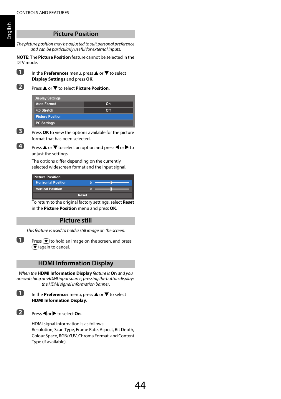 Picture position, Picture still, Hdmi information display | Toshiba UL985 User Manual | Page 44 / 102