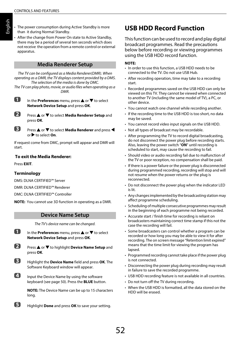 Media renderer setup, Device name setup, Usb hdd record function | Media renderer setup device name setup | Toshiba UL985 User Manual | Page 52 / 102