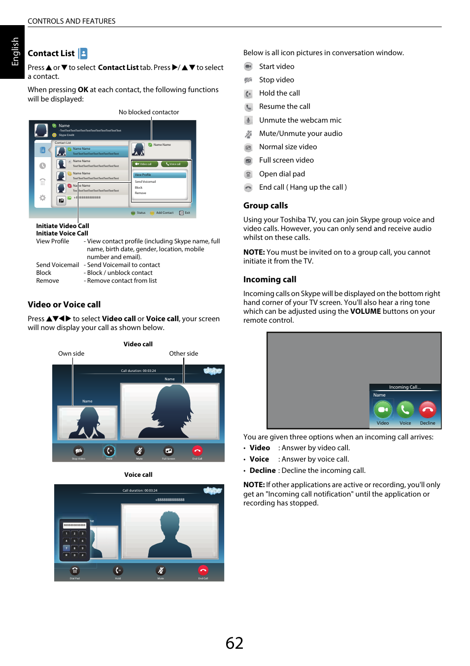 En glis h, Contact list, Video or voice call | Group calls, Incoming call, Controls and features | Toshiba UL985 User Manual | Page 62 / 102