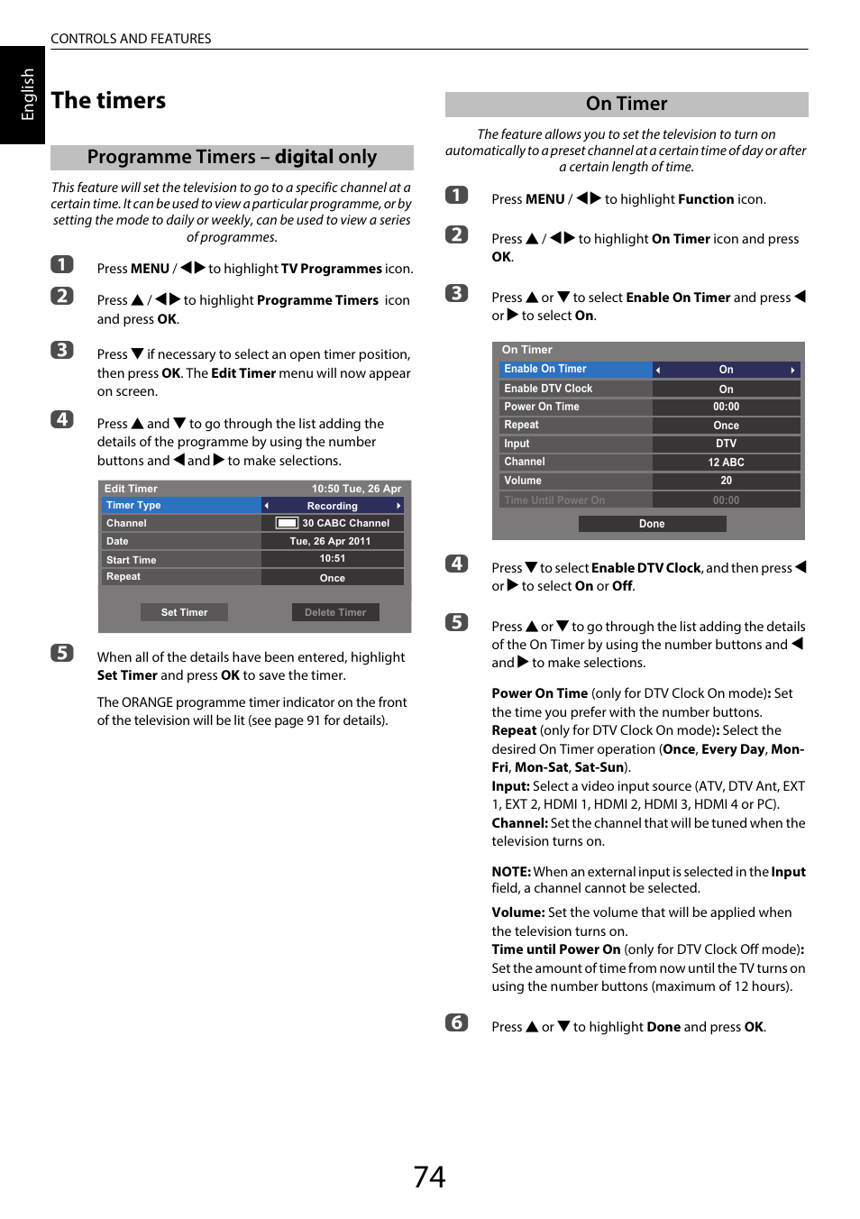 The timers, Programme timers – digital only, On timer | Programme timers – digital only on timer | Toshiba UL985 User Manual | Page 74 / 102