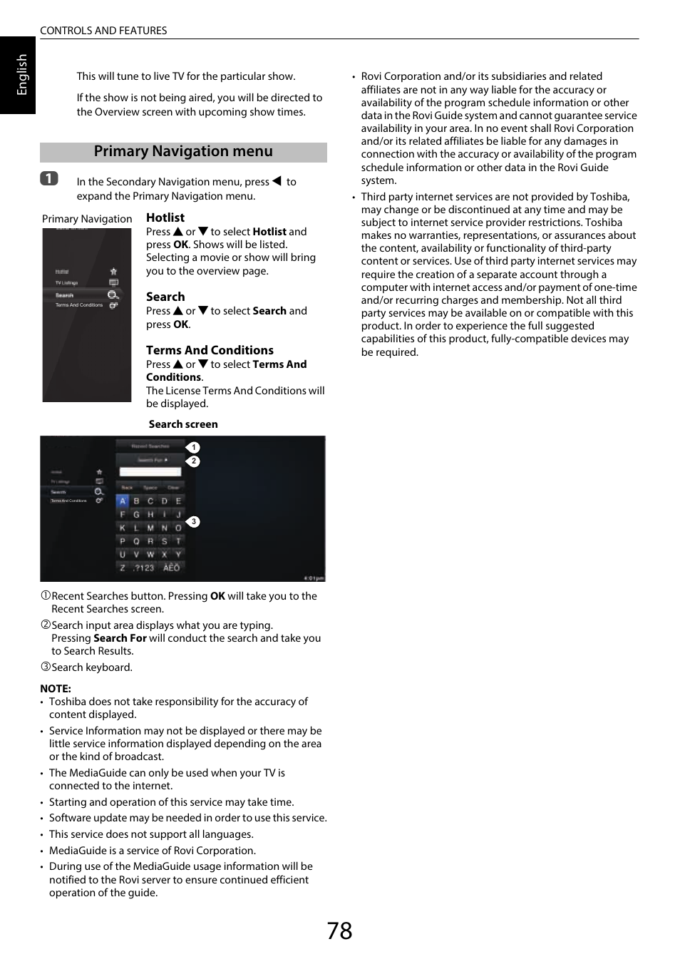 Primary navigation menu | Toshiba UL985 User Manual | Page 78 / 102