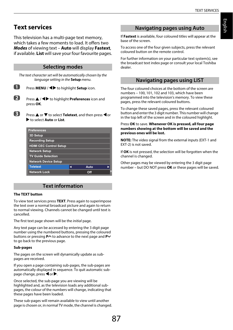 Text services, Selecting modes, Text information | Selecting modes text information | Toshiba UL985 User Manual | Page 87 / 102