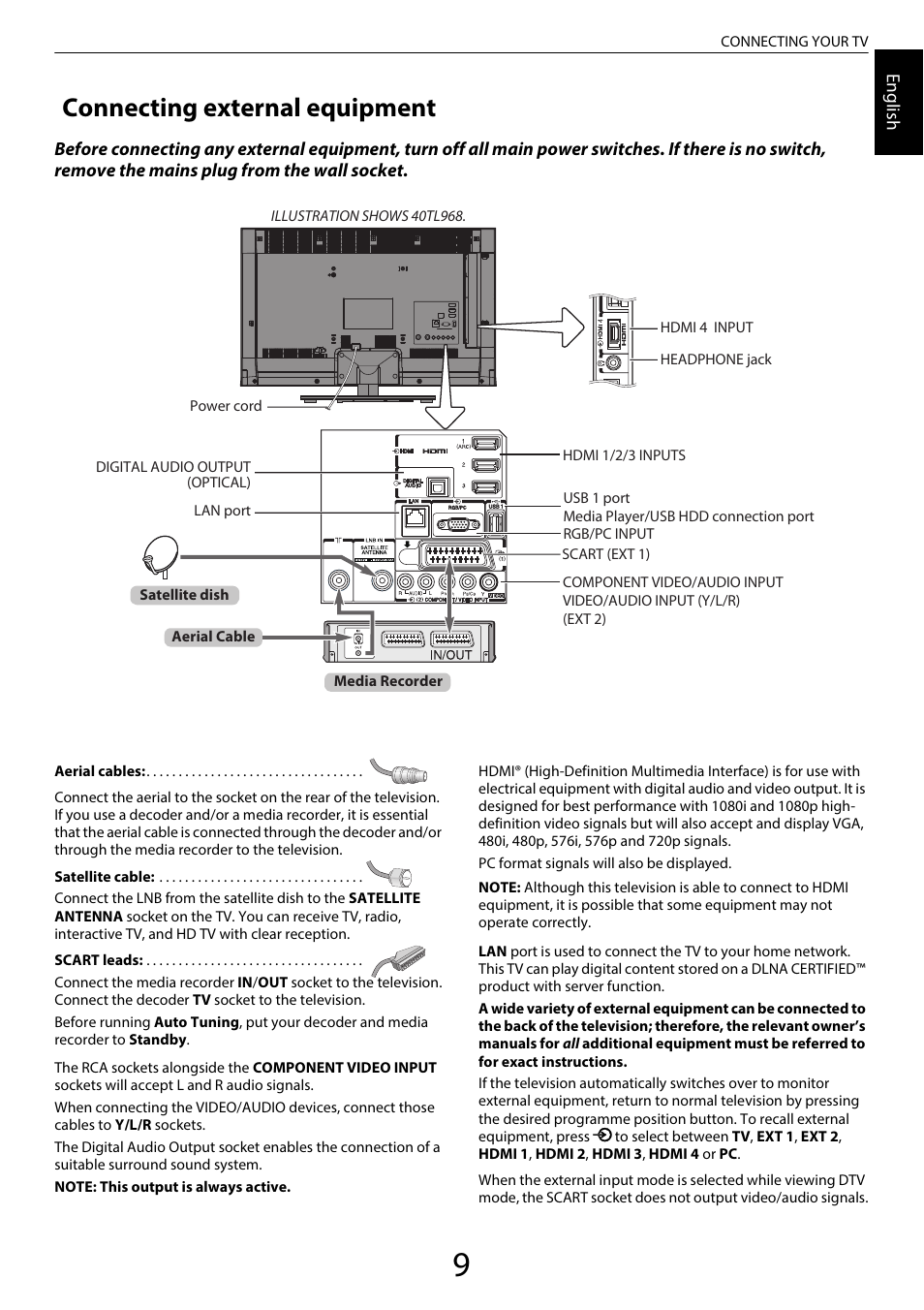 Connecting your tv, Connecting external equipment | Toshiba UL985 User Manual | Page 9 / 102