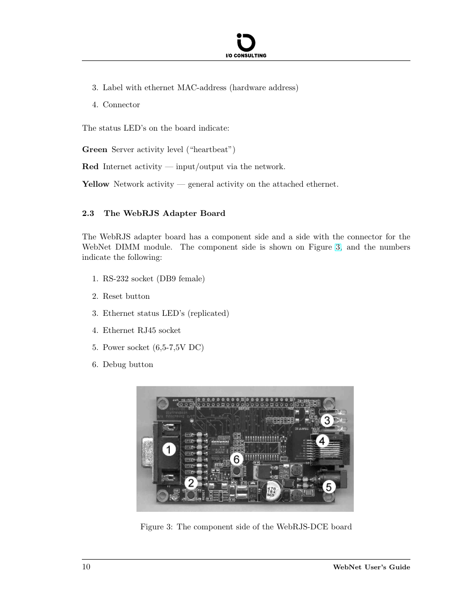 The webrjs adapter board, 3 the webrjs adapter board, The component side of the webrjs-dce board | Addtron Technology Electronic Device WebNet User Manual | Page 10 / 41
