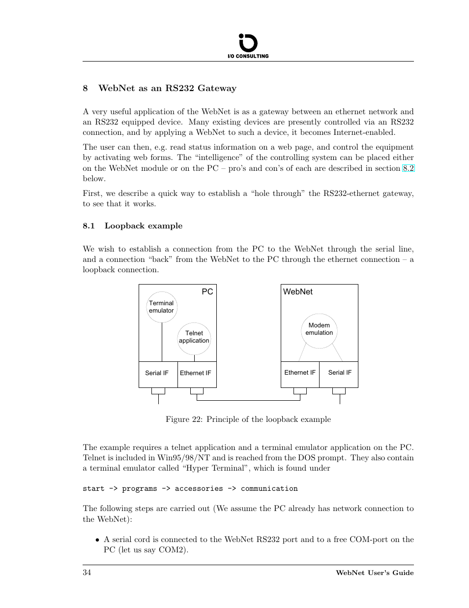 Webnet as an rs232 gateway, Loopback example, 8 webnet as an rs232 gateway | 1 loopback example, Principle of the loopback example, 8webnet as an rs232 gateway | Addtron Technology Electronic Device WebNet User Manual | Page 34 / 41