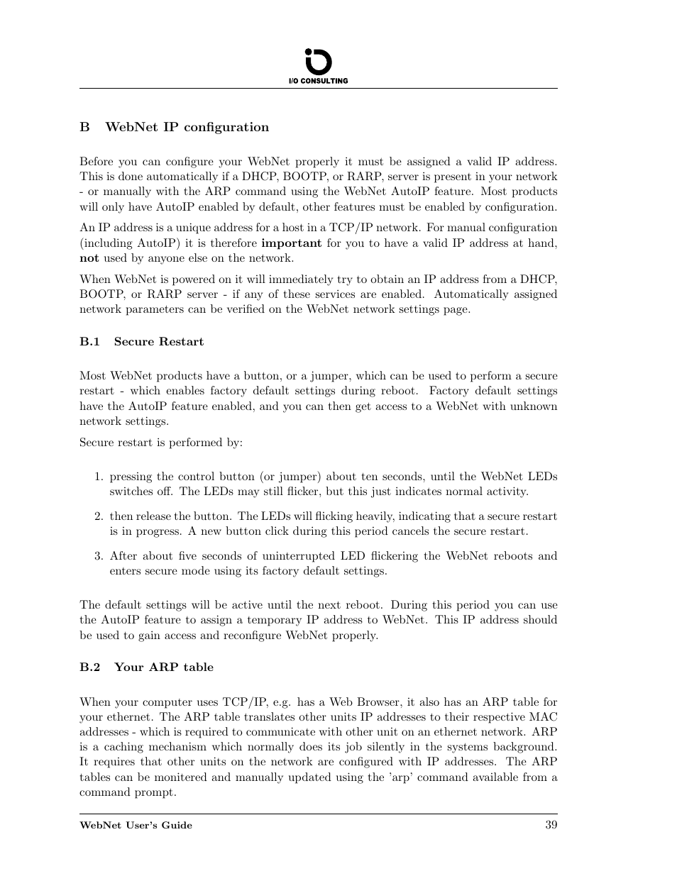 Webnet ip configuration, Secure restart, Your arp table | B webnet ip configuration, B.1 secure restart | Addtron Technology Electronic Device WebNet User Manual | Page 39 / 41
