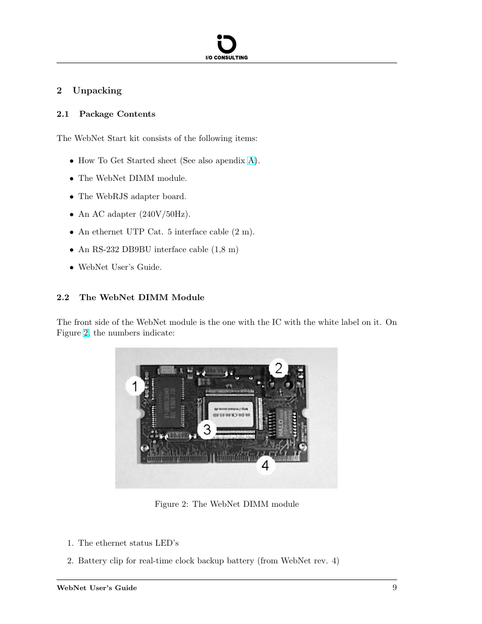 Unpacking, Package contents, The webnet dimm module | 2 unpacking, 1 package contents, 2 the webnet dimm module | Addtron Technology Electronic Device WebNet User Manual | Page 9 / 41