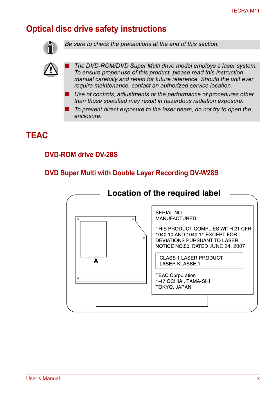 Optical disc drive safety instructions teac | Toshiba Tecra M11 User Manual | Page 10 / 208