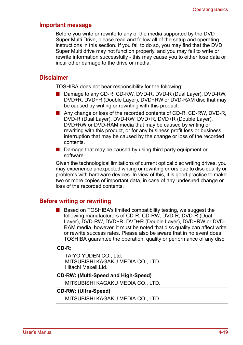 Important message, Disclaimer, Before writing or rewriting | Toshiba Tecra M11 User Manual | Page 103 / 208