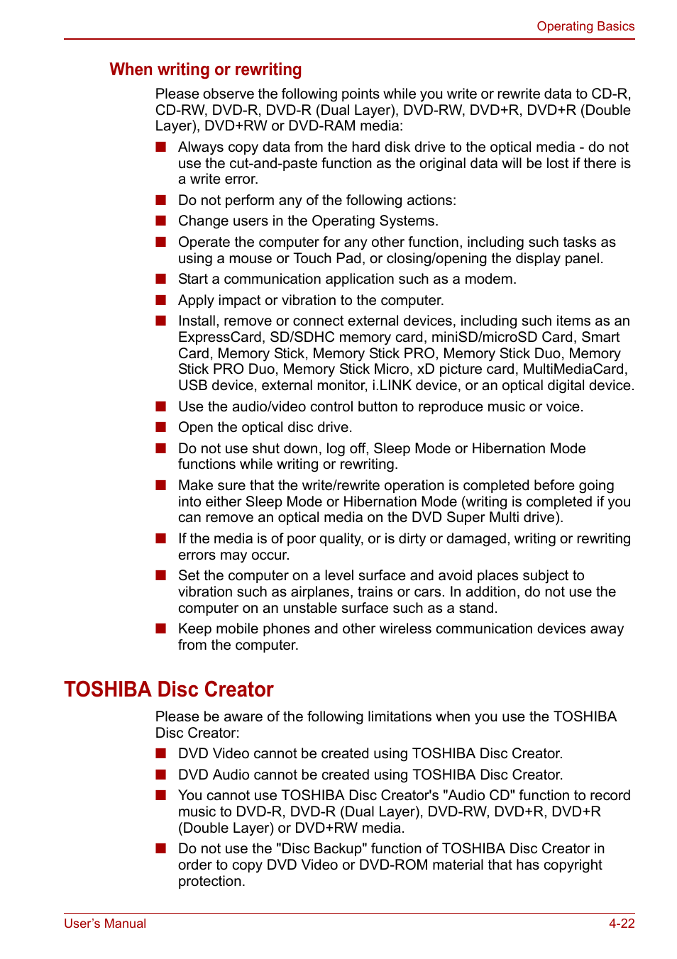 Toshiba disc creator, When writing or rewriting | Toshiba Tecra M11 User Manual | Page 106 / 208