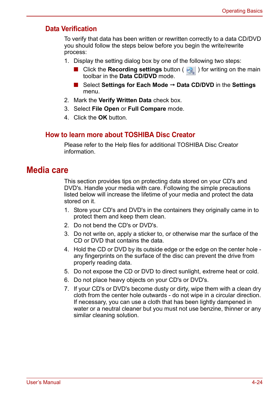 Media care, Data verification, How to learn more about toshiba disc creator | Toshiba Tecra M11 User Manual | Page 108 / 208