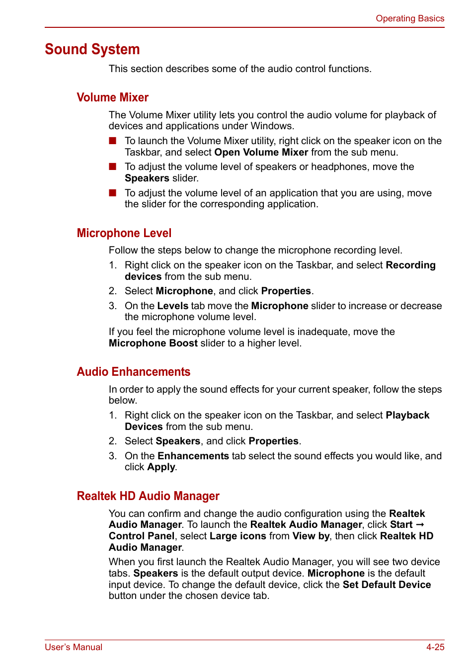 Sound system, Sound system -25, Section | Volume mixer, Microphone level, Audio enhancements, Realtek hd audio manager | Toshiba Tecra M11 User Manual | Page 109 / 208