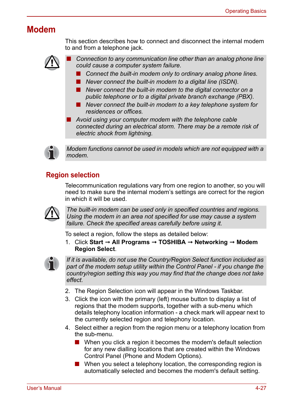 Modem, Modem -27, Region selection | Toshiba Tecra M11 User Manual | Page 111 / 208