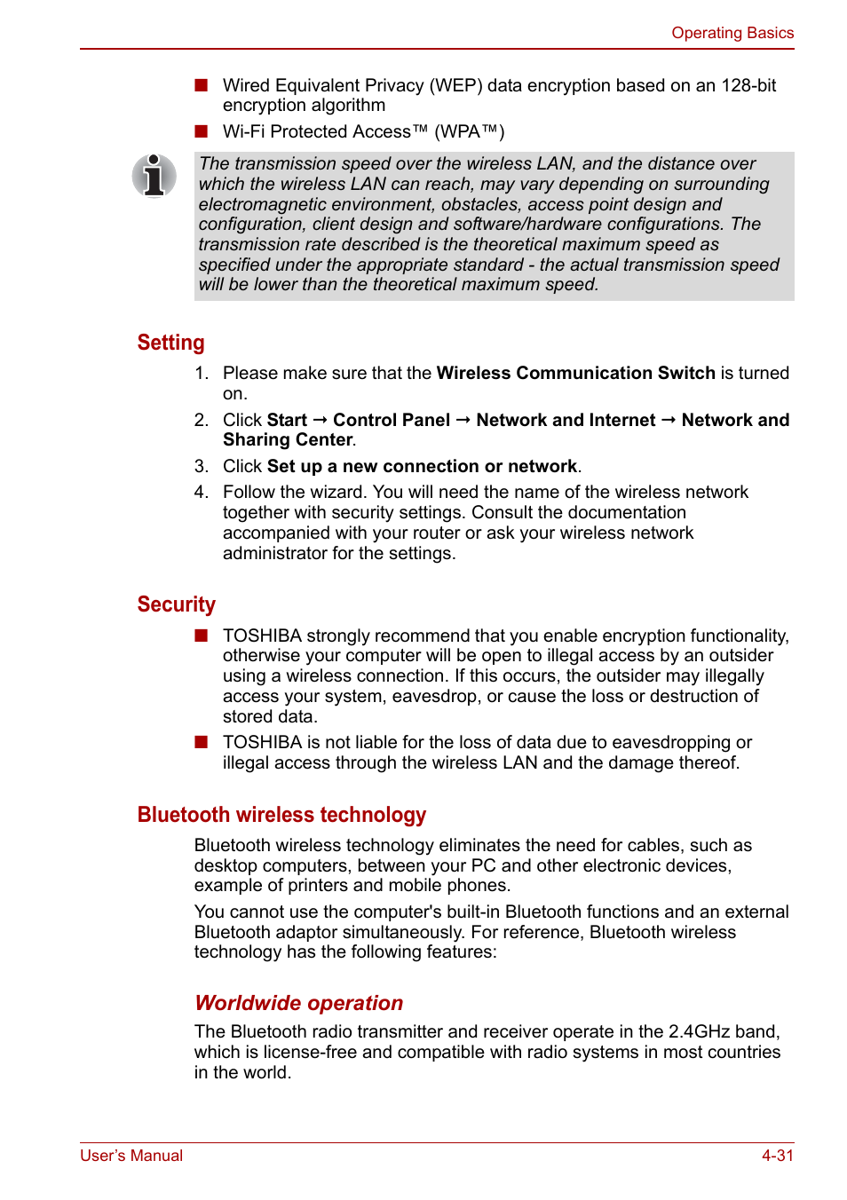 Setting, Security, Bluetooth wireless technology | Toshiba Tecra M11 User Manual | Page 115 / 208