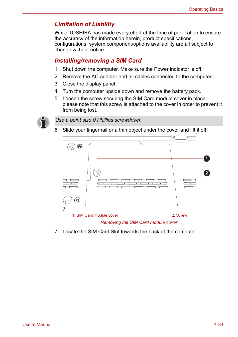 Limitation of liability, Installing/removing a sim card | Toshiba Tecra M11 User Manual | Page 118 / 208