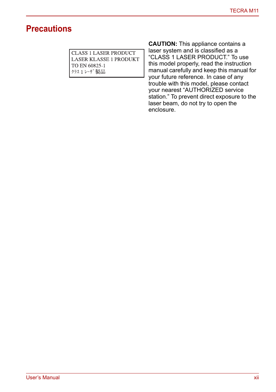 Precautions | Toshiba Tecra M11 User Manual | Page 12 / 208