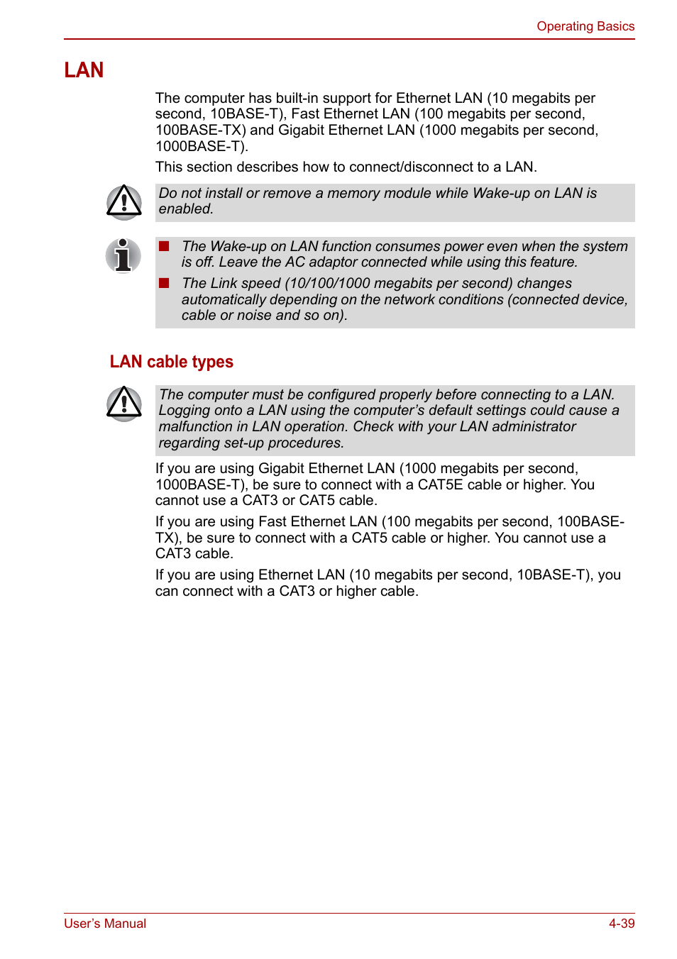 Lan -39, Lan cable types | Toshiba Tecra M11 User Manual | Page 123 / 208