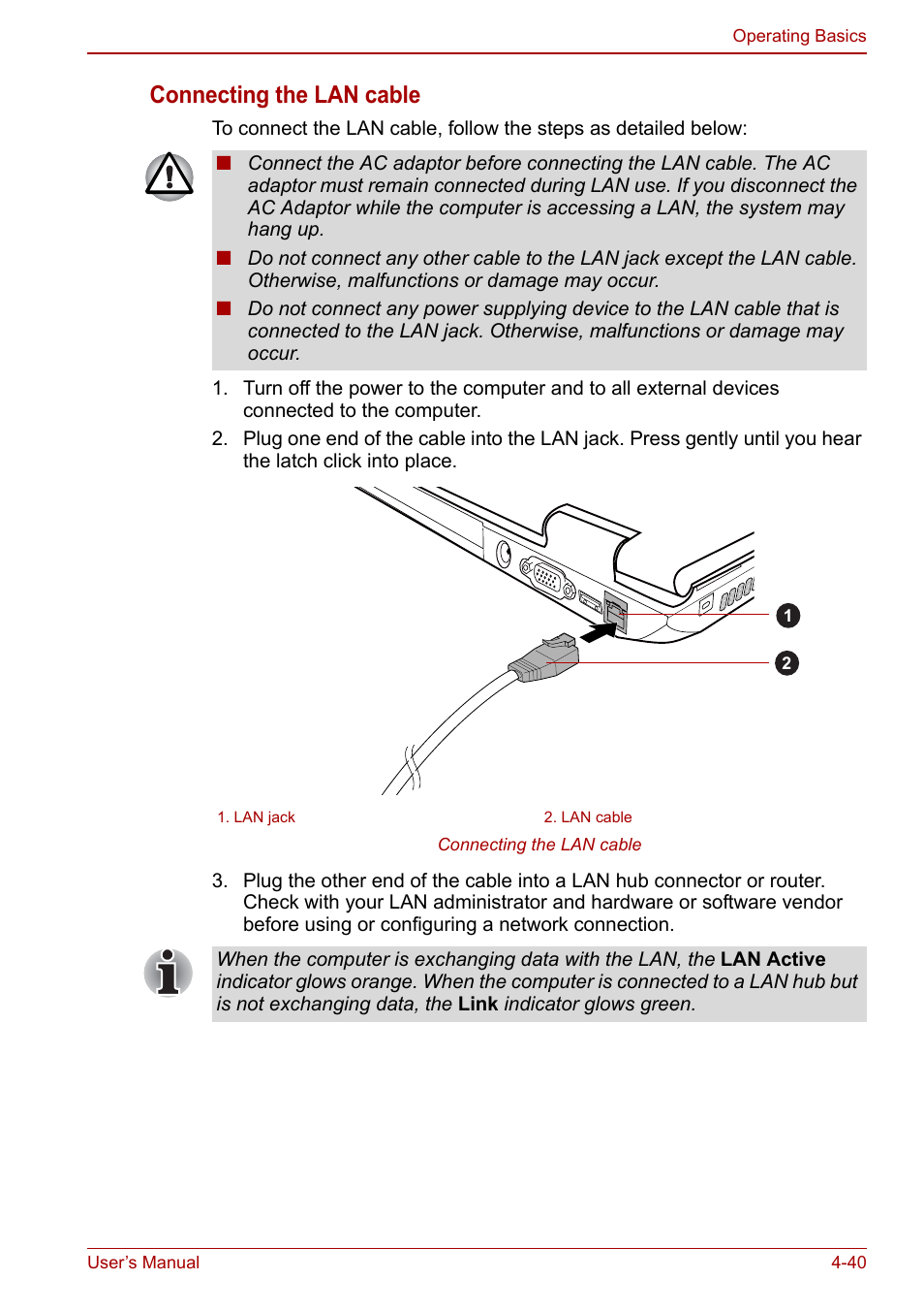 Connecting the lan cable | Toshiba Tecra M11 User Manual | Page 124 / 208