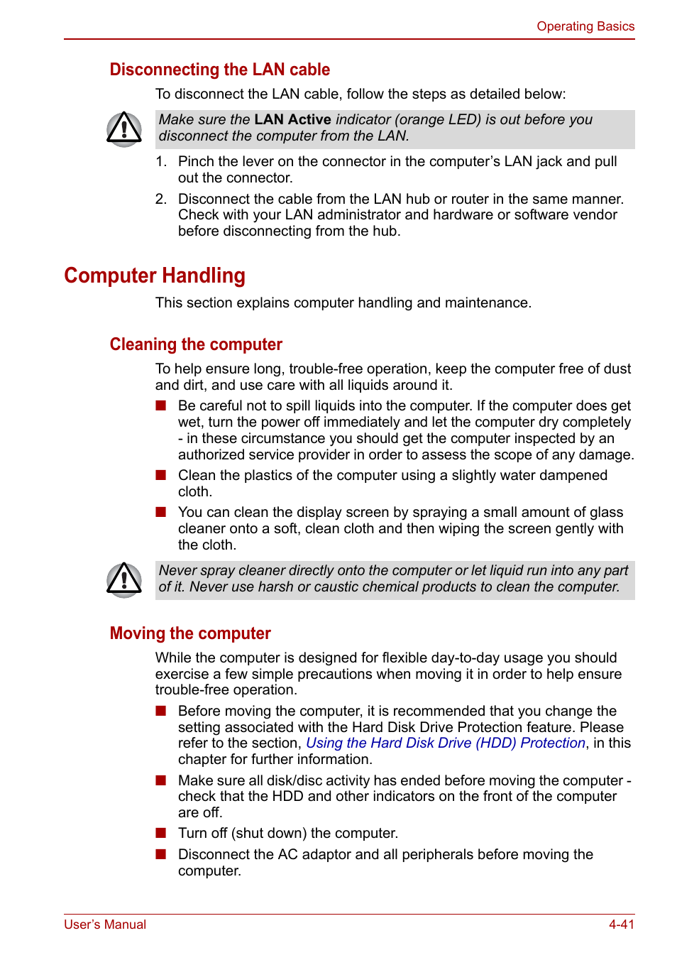 Computer handling, Computer handling -41, Disconnecting the lan cable | Cleaning the computer, Moving the computer | Toshiba Tecra M11 User Manual | Page 125 / 208