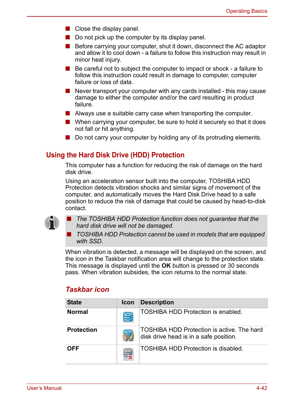 Using the hard disk, Drive (hdd) protection, Section in | Using the hard disk drive (hdd) protection | Toshiba Tecra M11 User Manual | Page 126 / 208