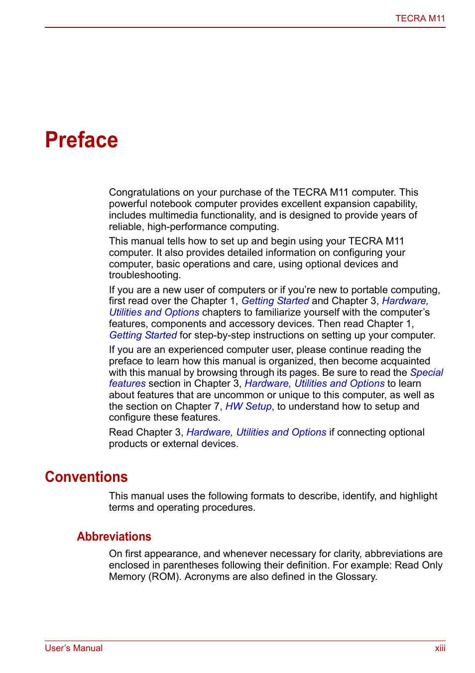 Preface, Conventions | Toshiba Tecra M11 User Manual | Page 13 / 208