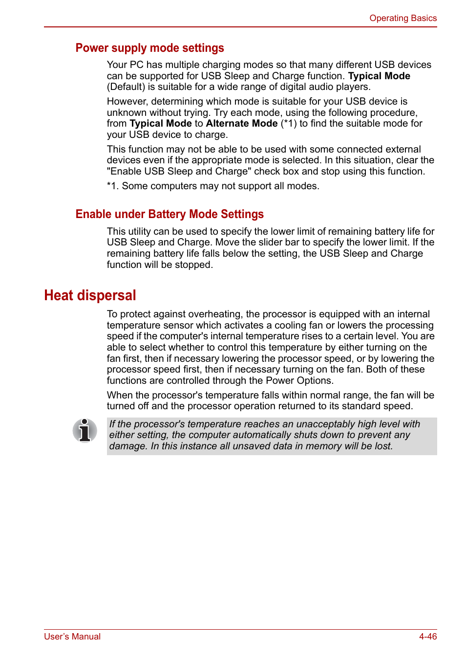 Heat dispersal, Heat dispersal -46, Power supply mode settings | Enable under battery mode settings | Toshiba Tecra M11 User Manual | Page 130 / 208