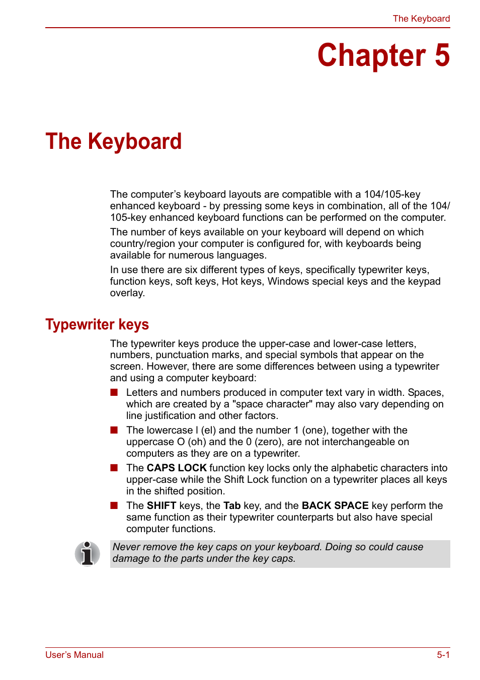 Chapter 5: the keyboard, Typewriter keys, Chapter 5 | The keyboard, Typewriter keys -1, Apter 5, Keyboard | Toshiba Tecra M11 User Manual | Page 131 / 208