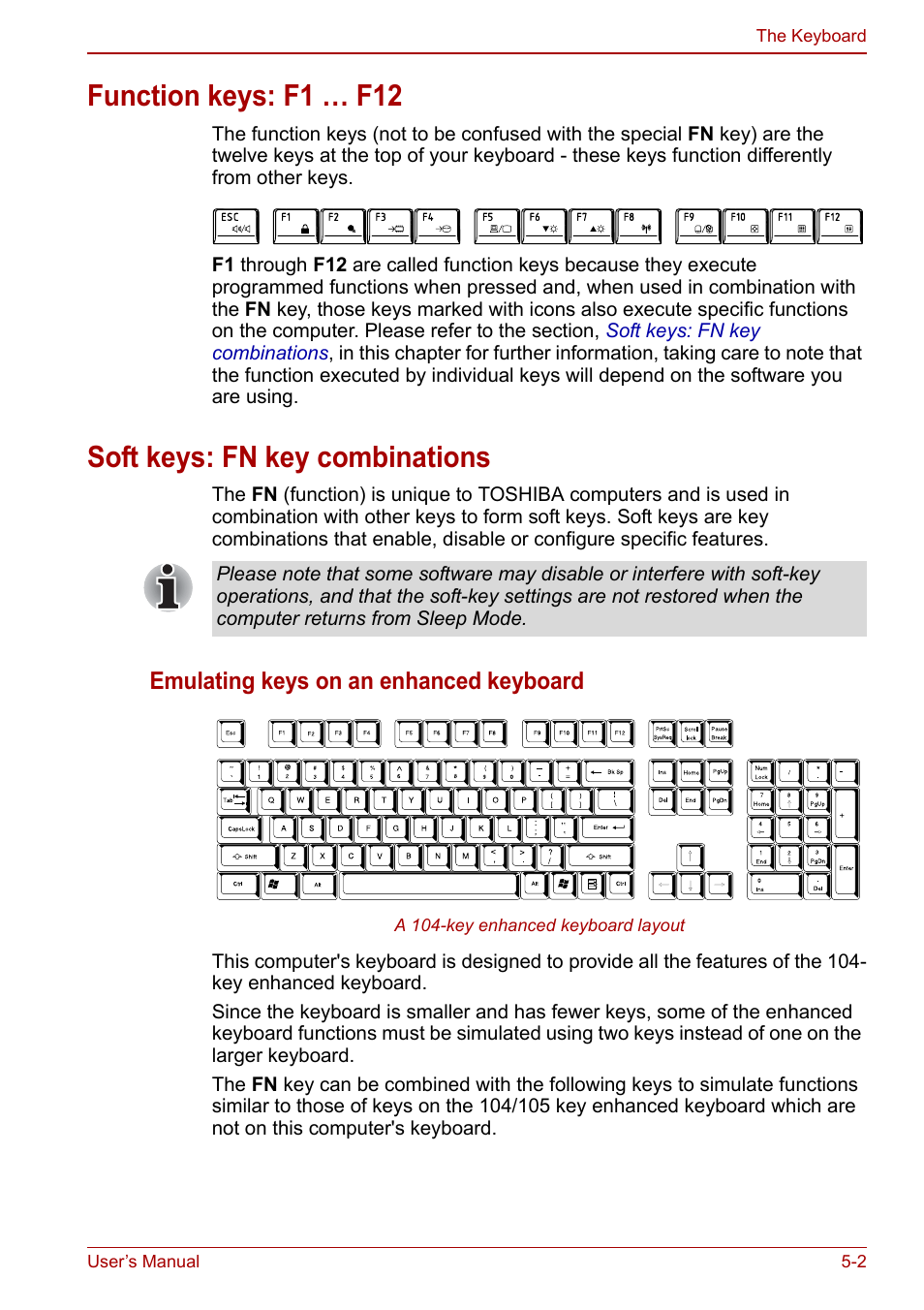 Function keys: f1 … f12, Soft keys: fn key combinations, Emulating keys on an enhanced keyboard | Toshiba Tecra M11 User Manual | Page 132 / 208