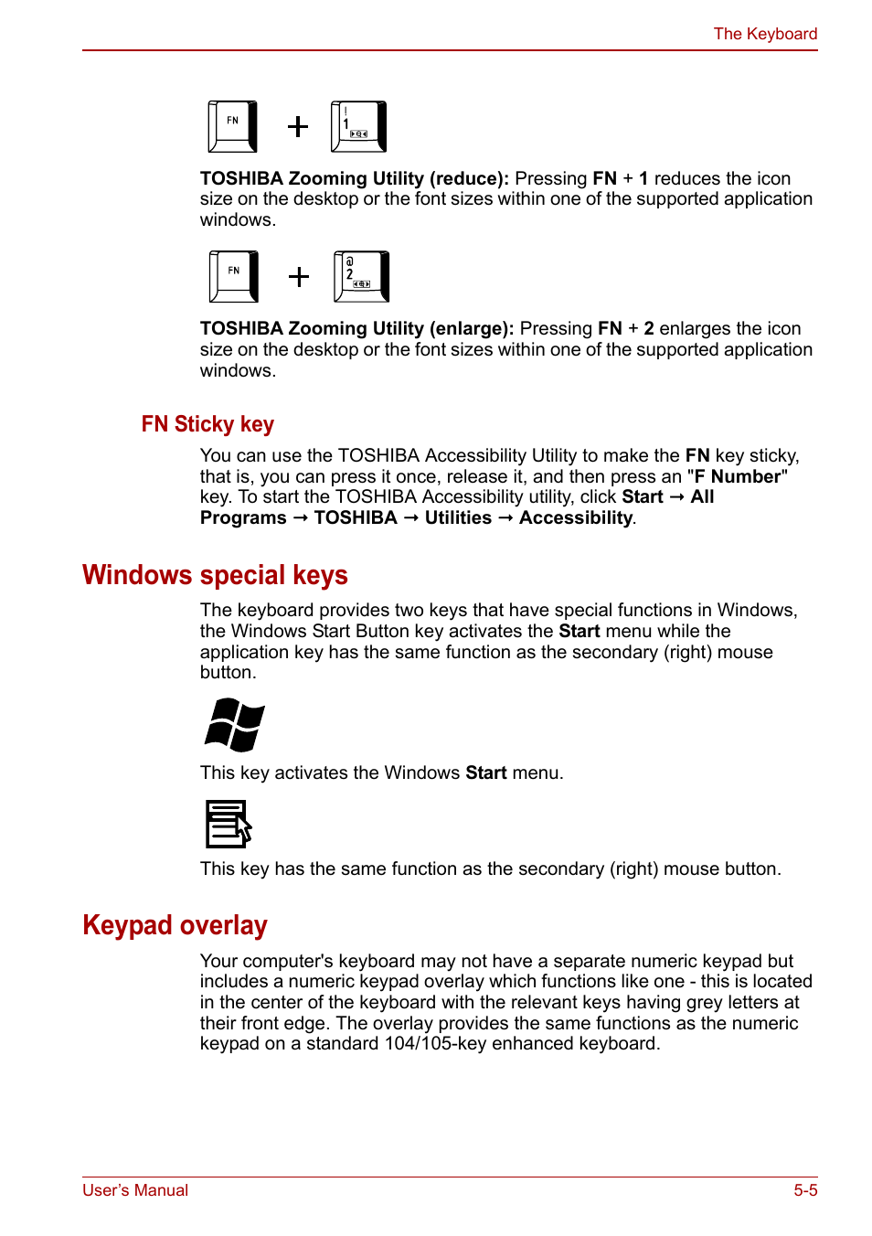 Windows special keys, Keypad overlay, Windows special keys -5 keypad overlay -5 | Toshiba Tecra M11 User Manual | Page 135 / 208