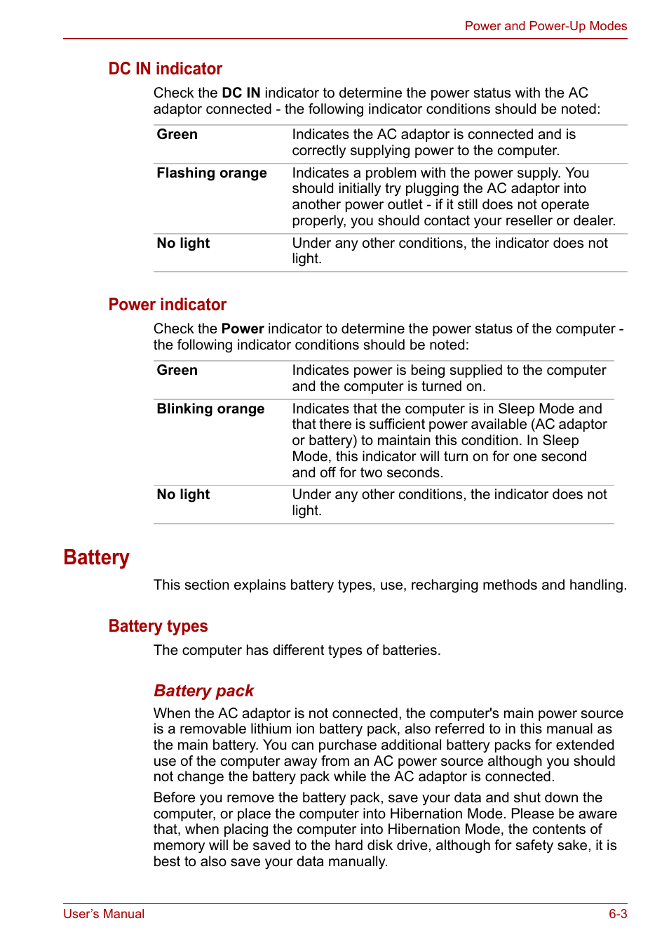 Battery, Battery -3, Dc in indicator | Power indicator, Battery types | Toshiba Tecra M11 User Manual | Page 140 / 208