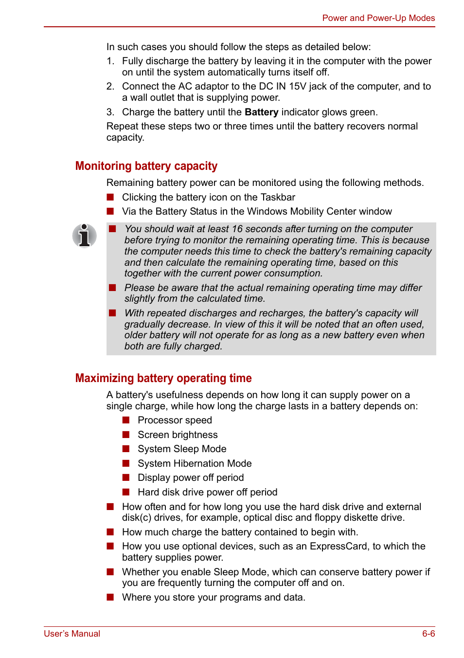 Monitoring battery capacity, Maximizing battery operating time | Toshiba Tecra M11 User Manual | Page 143 / 208