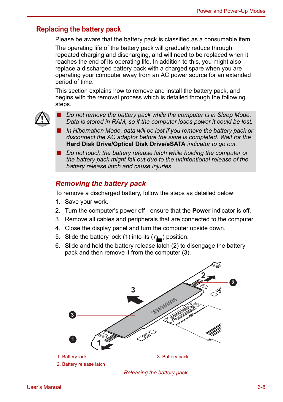 Replacing the battery pack, Section, Removing the battery pack | Toshiba Tecra M11 User Manual | Page 145 / 208