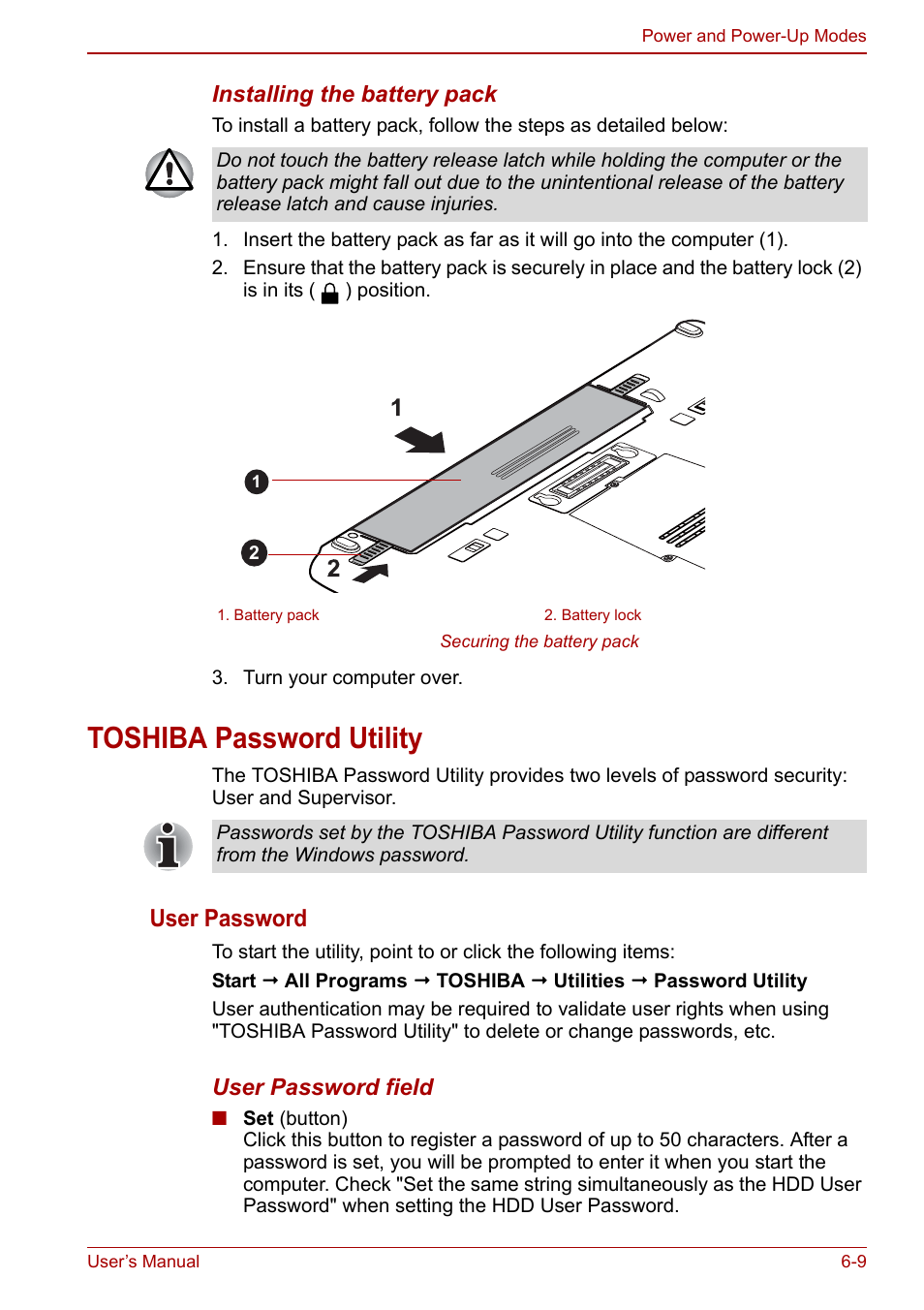 Toshiba password utility, Toshiba password utility -9, User password | Toshiba Tecra M11 User Manual | Page 146 / 208