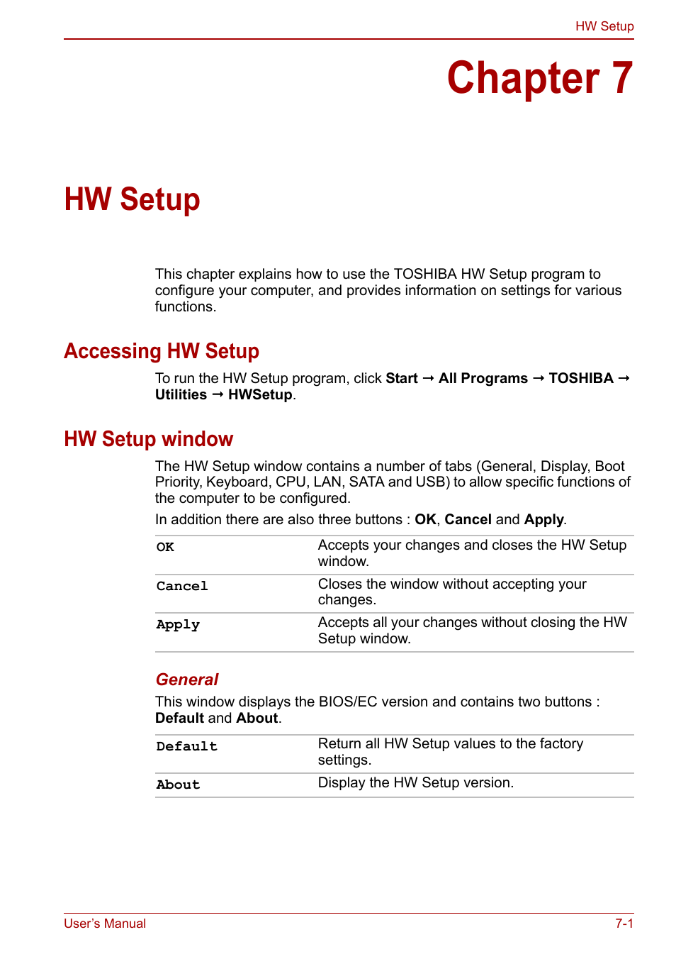 Chapter 7: hw setup, Accessing hw setup, Hw setup window | Chapter 7, Hw setup, Accessing hw setup -1 hw setup window -1, For further | Toshiba Tecra M11 User Manual | Page 150 / 208