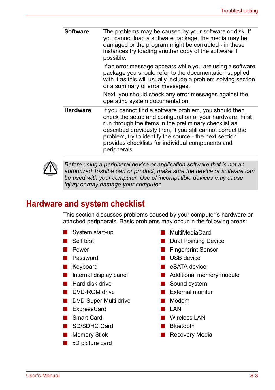 Hardware and system checklist, Hardware and system checklist -3 | Toshiba Tecra M11 User Manual | Page 158 / 208