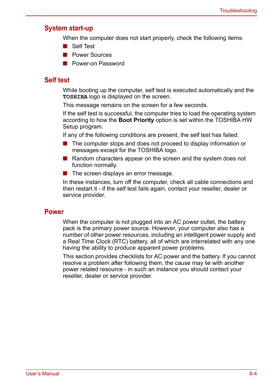 System start-up, Self test, Power | Toshiba Tecra M11 User Manual | Page 159 / 208