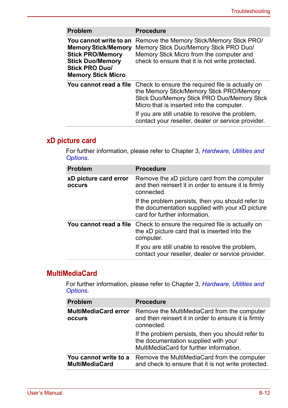 Xd picture card, Multimediacard | Toshiba Tecra M11 User Manual | Page 167 / 208