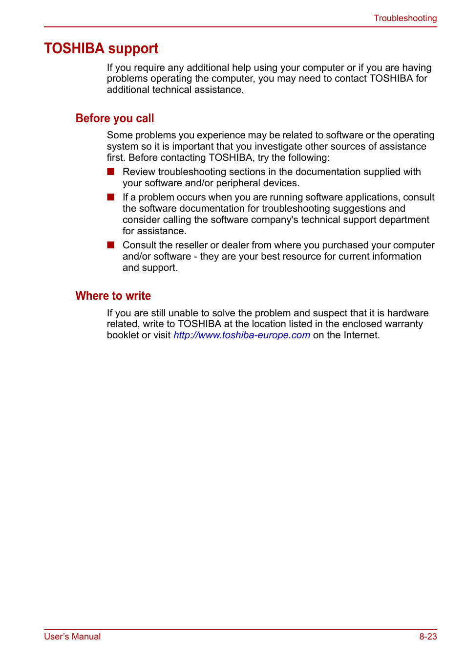 Toshiba support, Toshiba support -23, Before you call | Where to write | Toshiba Tecra M11 User Manual | Page 178 / 208