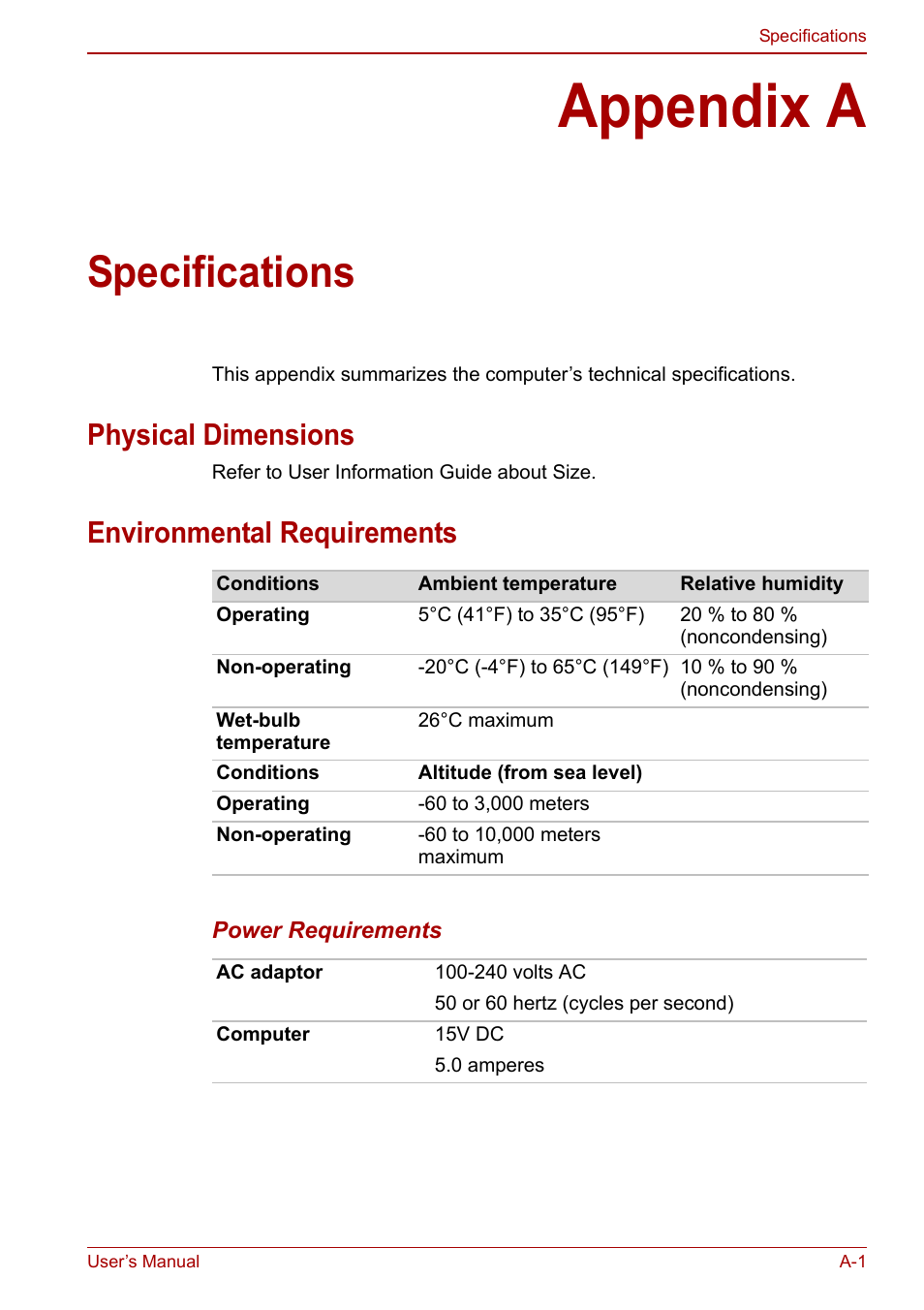 Appendix a: specifications, Appendix a, Specifications | Physical dimensions, Environmental requirements | Toshiba Tecra M11 User Manual | Page 179 / 208