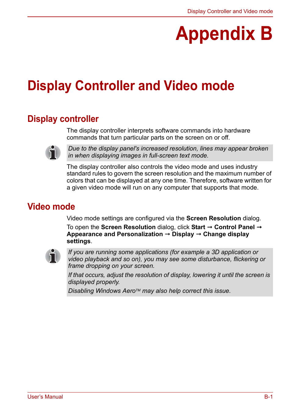 Appendix b: display controller and video mode, Appendix b, Display controller and video mode | To the, Display, Controller and video mode, Display controller, Video mode | Toshiba Tecra M11 User Manual | Page 181 / 208