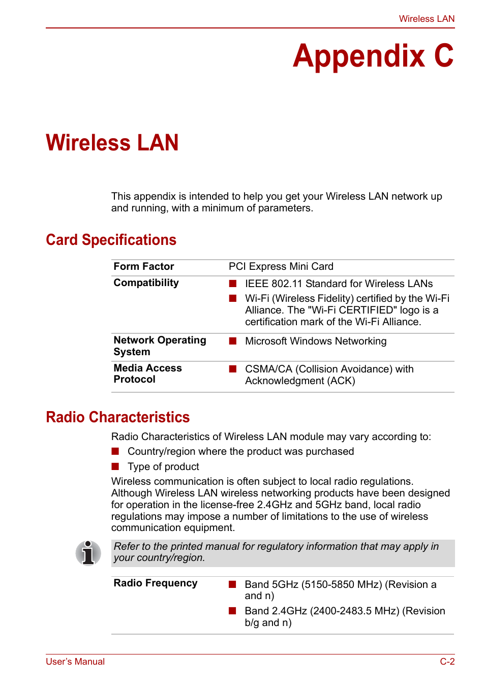 Appendix c: wireless lan, Appendix c, Wireless lan | Card specifications radio characteristics | Toshiba Tecra M11 User Manual | Page 182 / 208