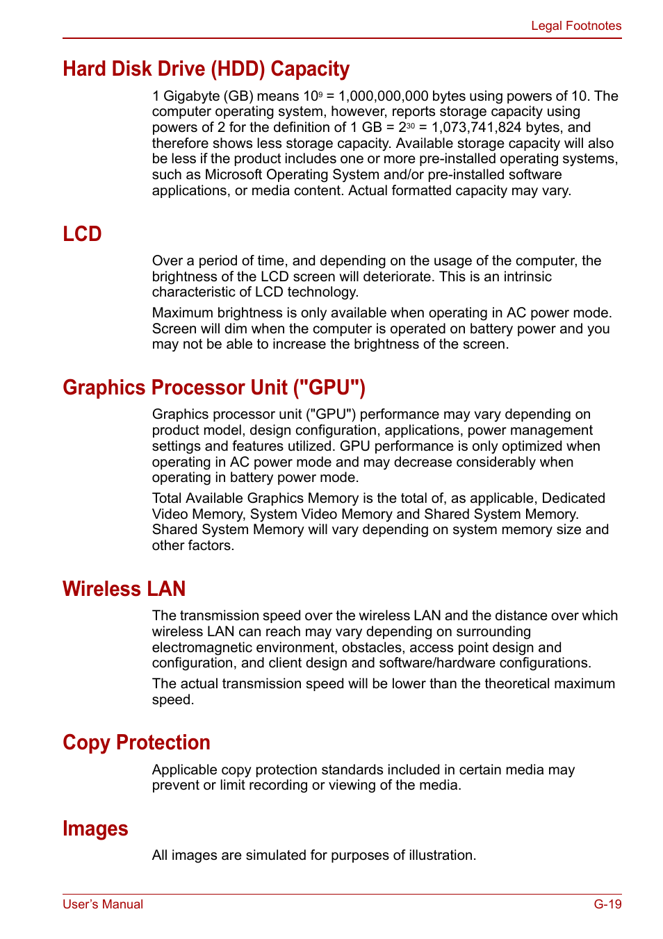 Hard disk drive (hdd) capacity, Graphics processor unit ("gpu"), Wireless lan | Copy protection, Images | Toshiba Tecra M11 User Manual | Page 199 / 208