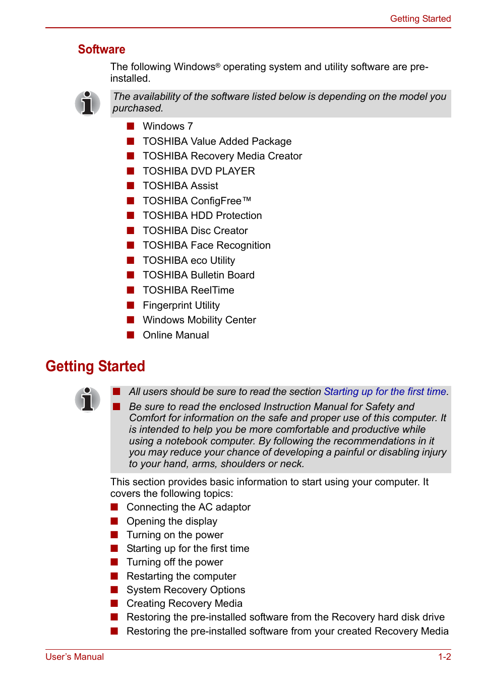 Getting started, Getting started -2, Apter 1 | Software | Toshiba Tecra M11 User Manual | Page 20 / 208