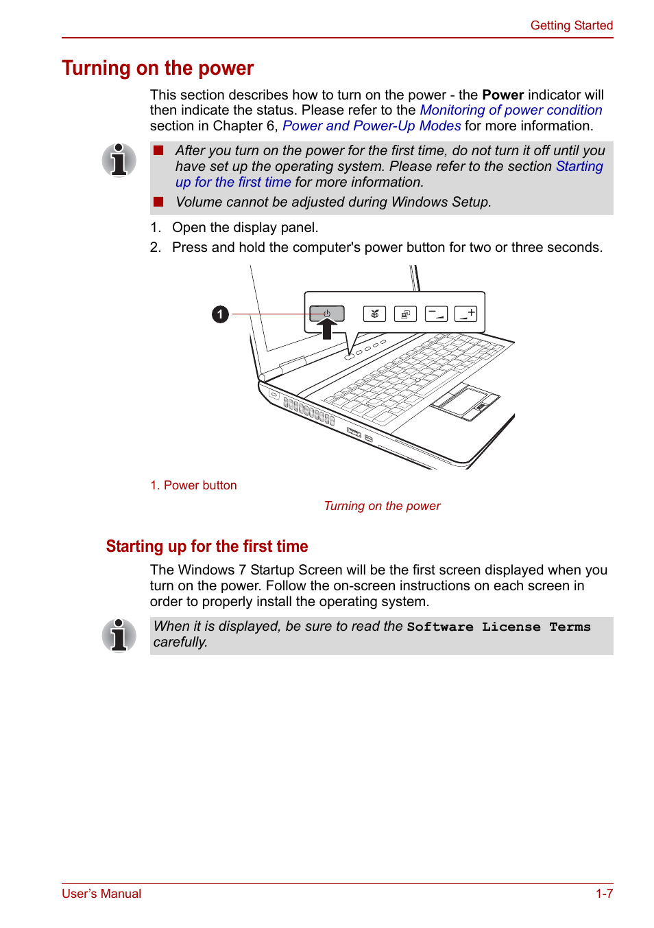 Turning on the power, Starting up for the first time | Toshiba Tecra M11 User Manual | Page 25 / 208