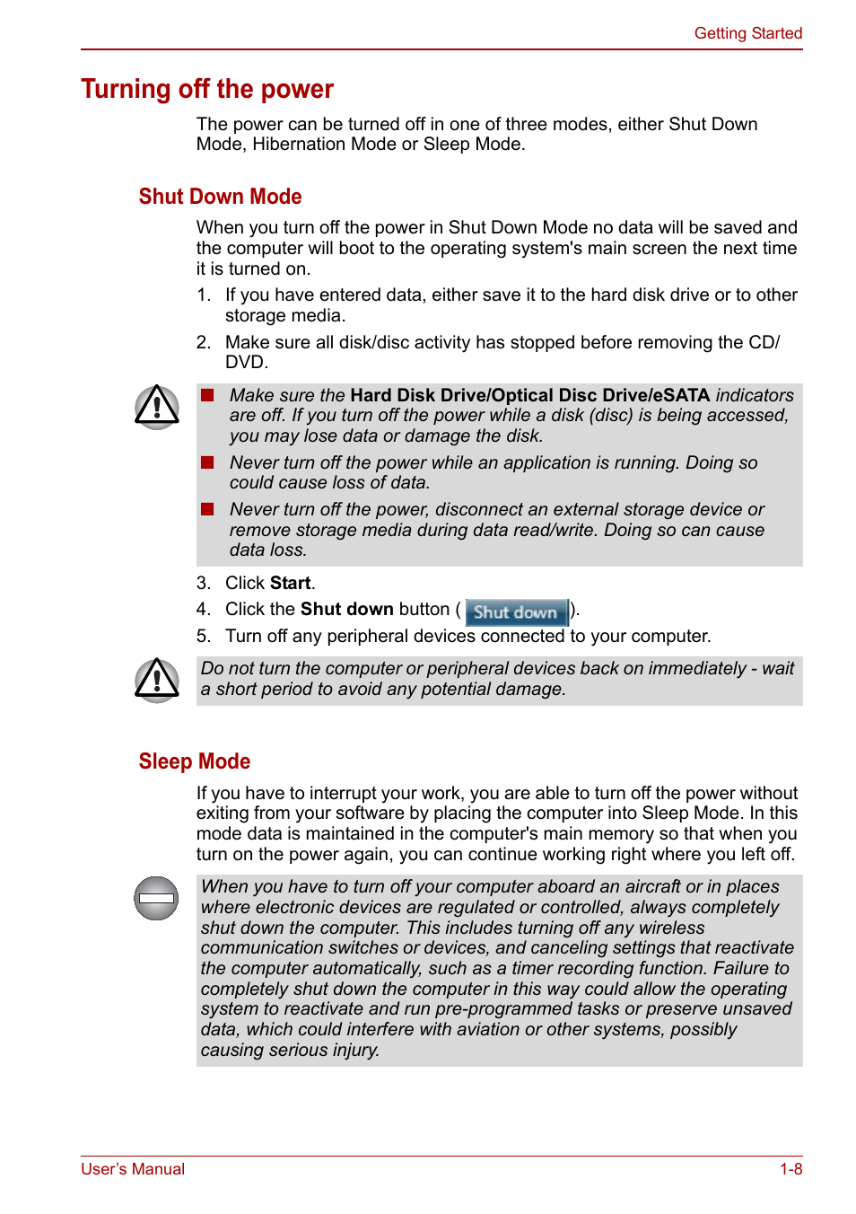 Turning off the power, Shut down mode, Sleep mode | Toshiba Tecra M11 User Manual | Page 26 / 208