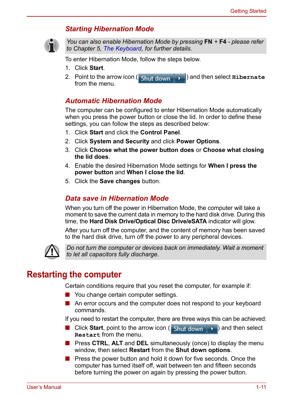 Restarting the computer | Toshiba Tecra M11 User Manual | Page 29 / 208