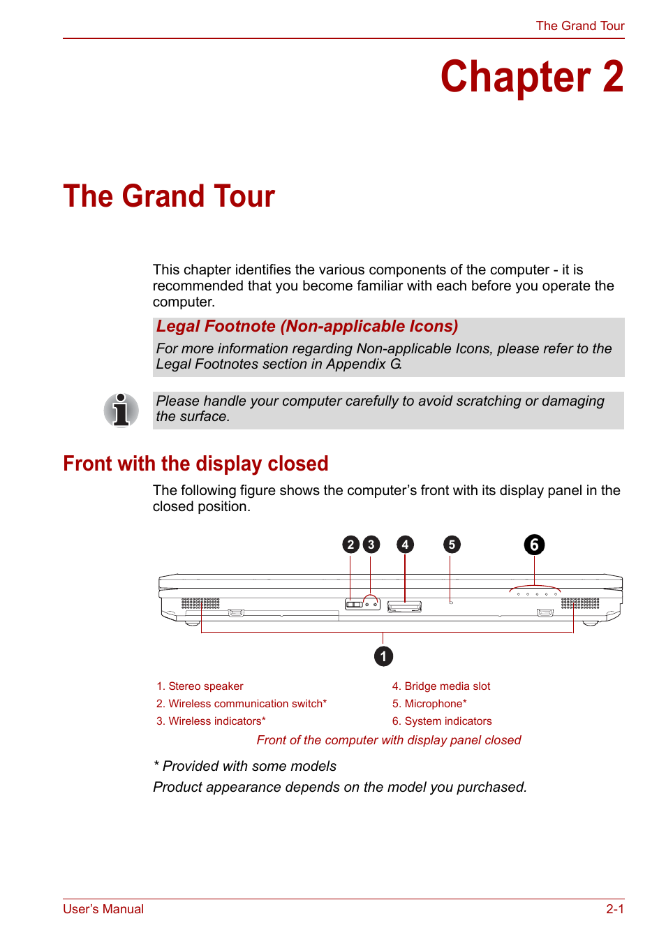Chapter 2: the grand tour, Front with the display closed, Chapter 2 | The grand tour, Front with the display closed -1 | Toshiba Tecra M11 User Manual | Page 34 / 208